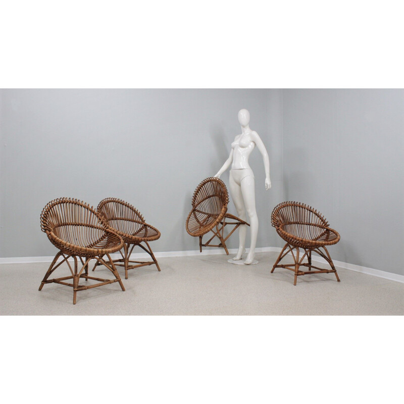 Set aus 4 Vintage-Rattansesseln von Franco Albini, Italien 1950