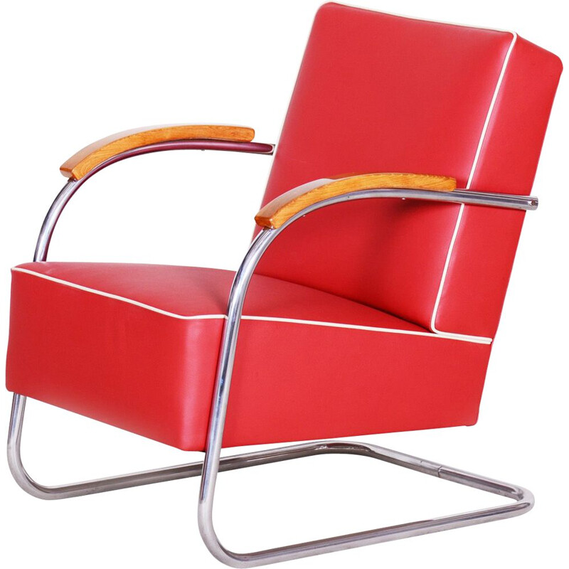 Vintage rood lederen fauteuil van Mucke Melder, Tsjechoslowakije 1930