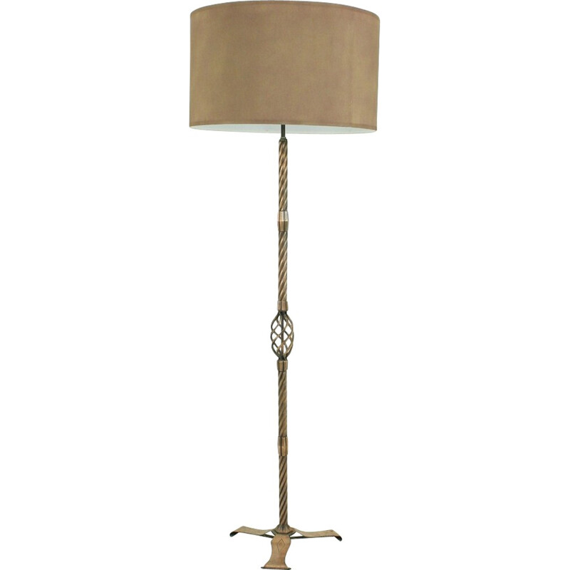 Mid-century floor lamp in copper and brown fabric - 1930s