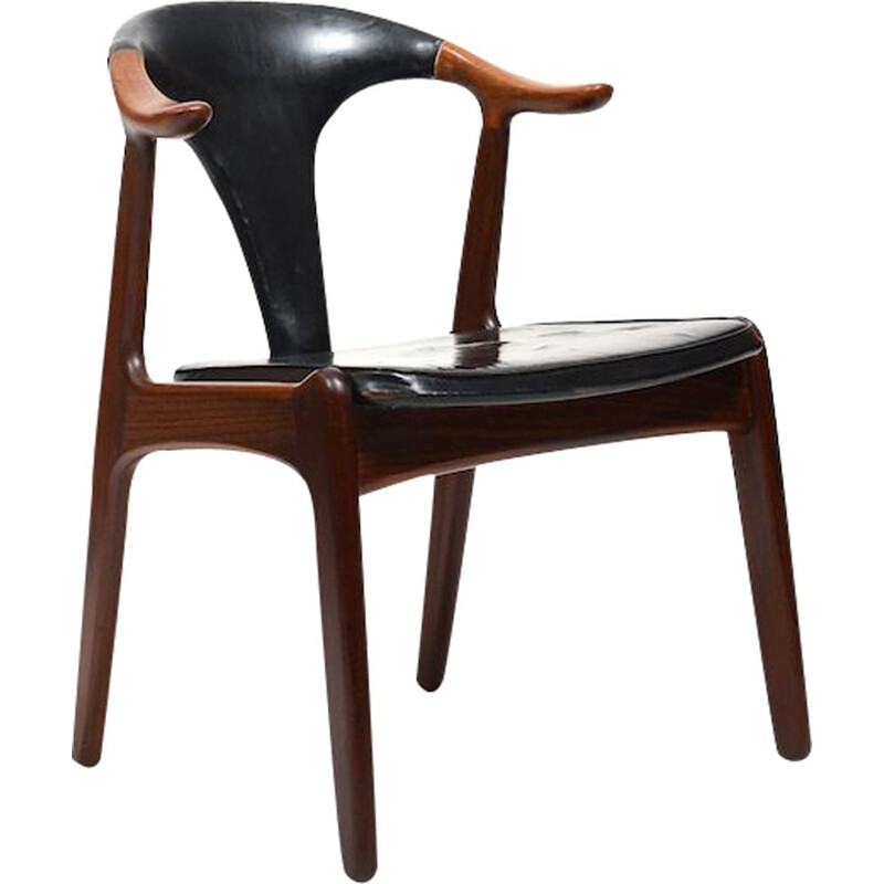 Vintage Deense teak en lederen koehoorn fauteuil van H.P. Hansen, 1960