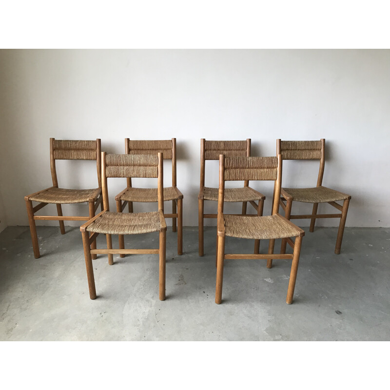 Set of 6 vintage Weekend chairs in ashwood and straw by Pierre Gautier Delaye, 1950s