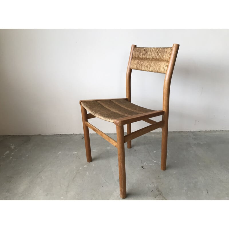 Set of 6 vintage Weekend chairs in ashwood and straw by Pierre Gautier Delaye, 1950s