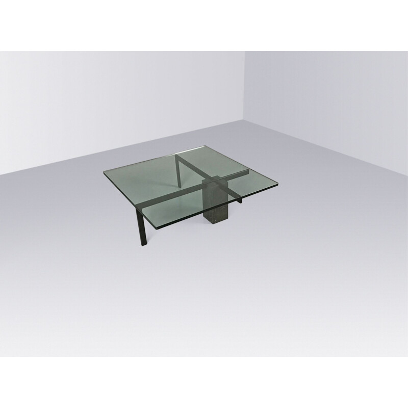 Vintage Kw-1 glass and travertine coffee table by Hank Kwint for Metaform, Netherlands 1980s