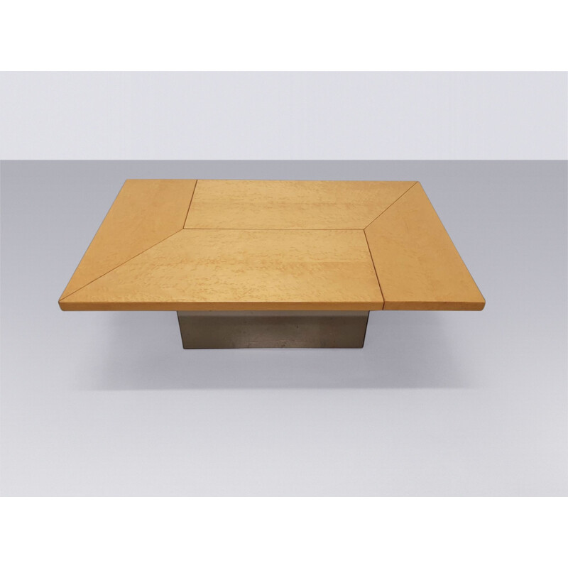 Table basse vintage en ronce de bois avec compartiment de bar sec par Paul Michel, 1970