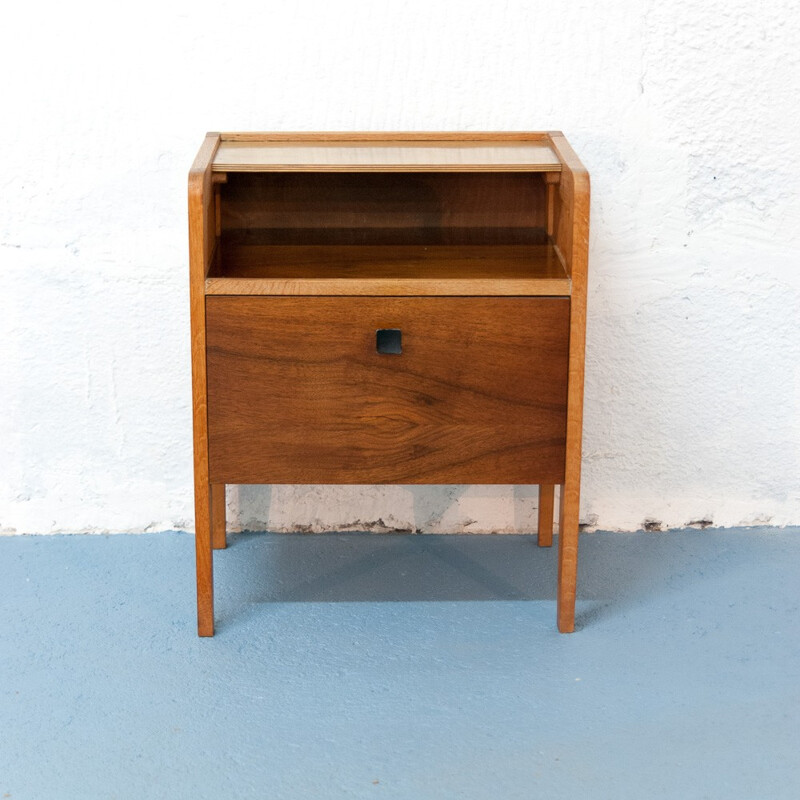 Mid century walnut and oak bedside table - 1950s