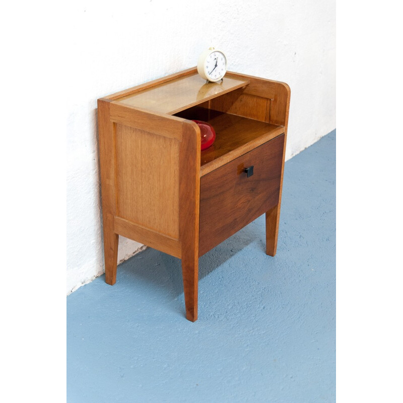 Mid century walnut and oak bedside table - 1950s