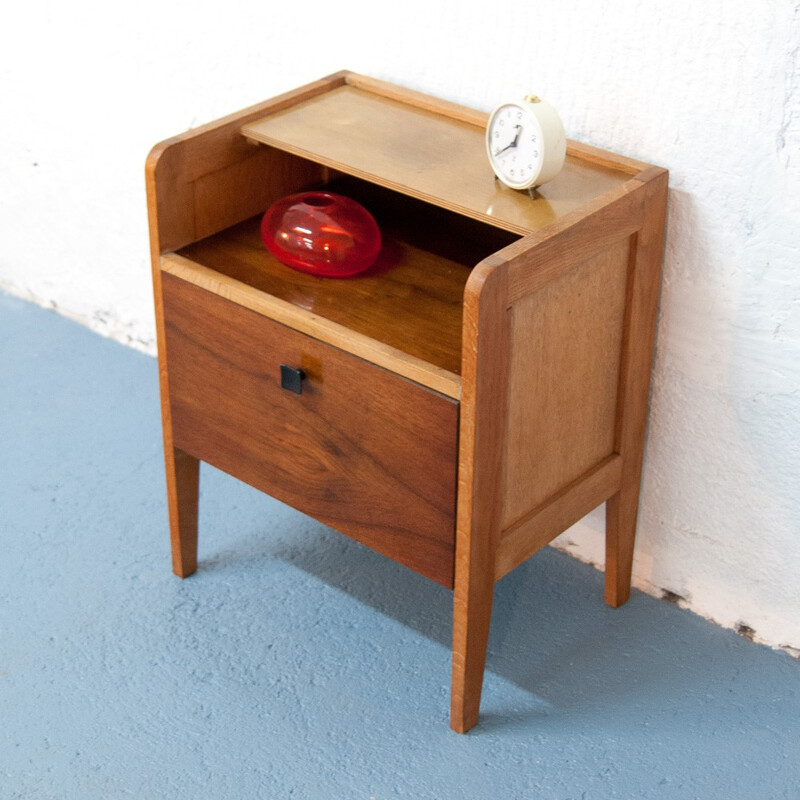 Mid century walnut and oak bedside table - 1950s