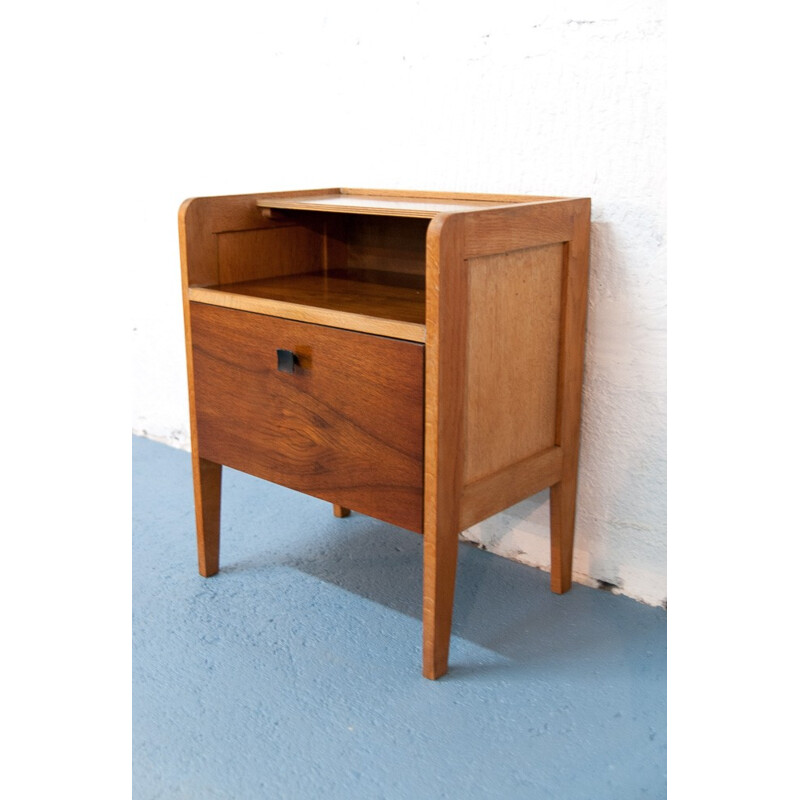 Mid century walnut and oak bedside table - 1950s