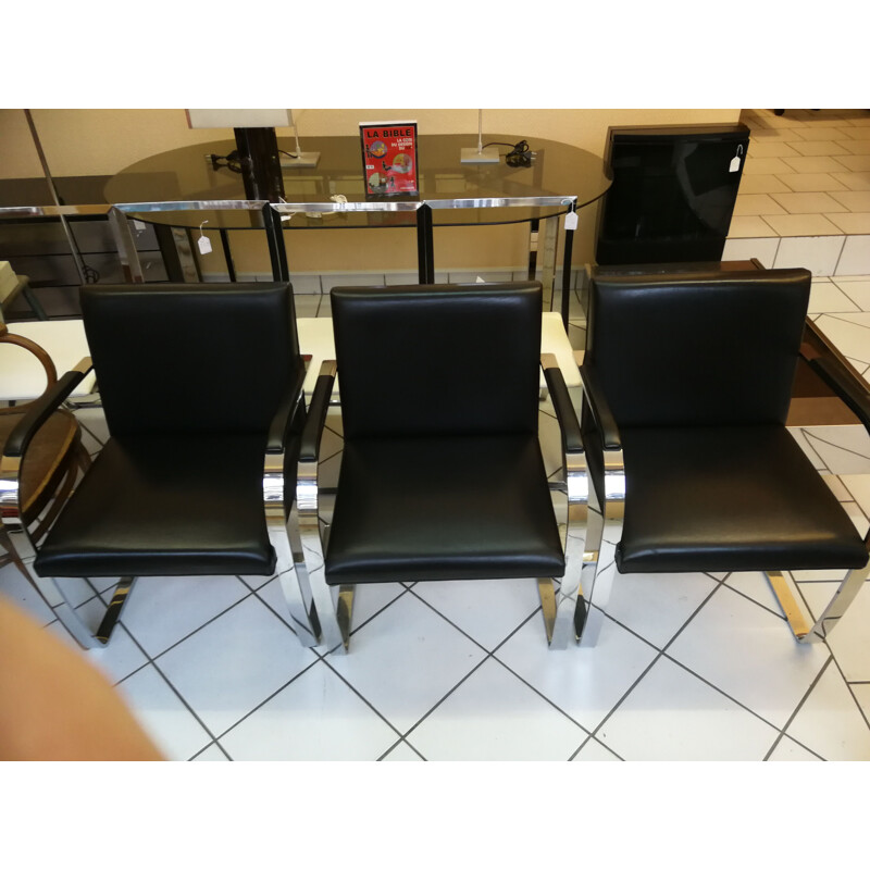 Set of 3 vintage armchairs "Brno" in black leather