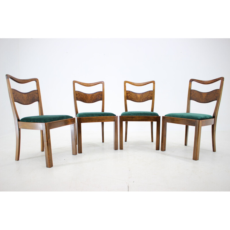 Set di 4 sedie vintage Art Déco in legno e velluto verde, Cecoslovacchia 1930