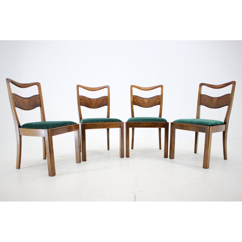 Set of 4 Art Deco vintage wooden and green velvet dining chairs, Czechoslovakia 1930s