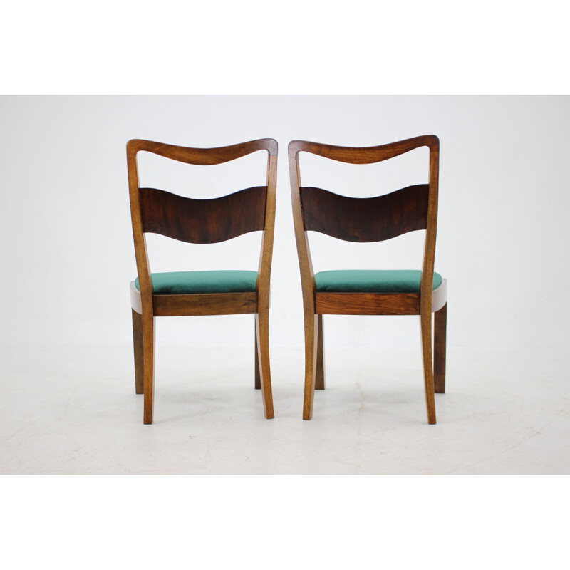 Set of 4 Art Deco vintage wooden and green velvet dining chairs, Czechoslovakia 1930s