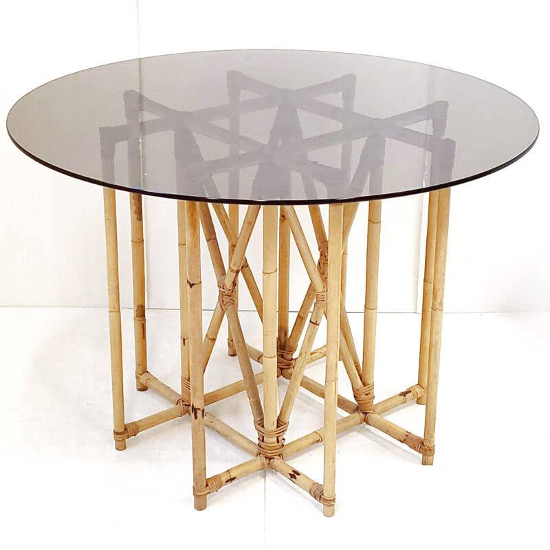 Table vintage en rotin, bambou et verre, 1950