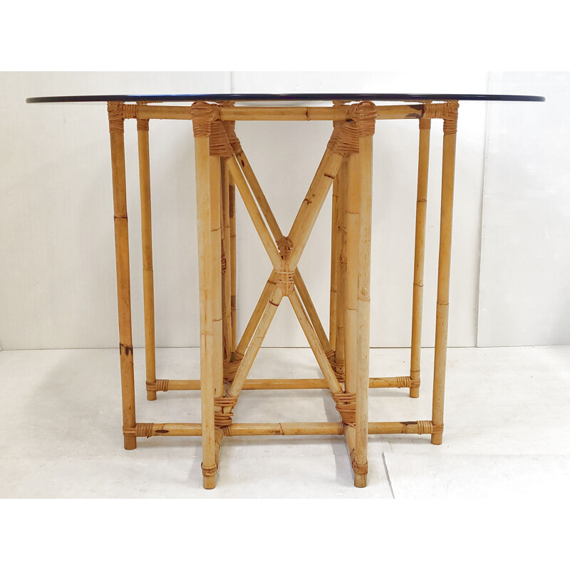 Vintage table in rattan, bamboo and glass, 1950