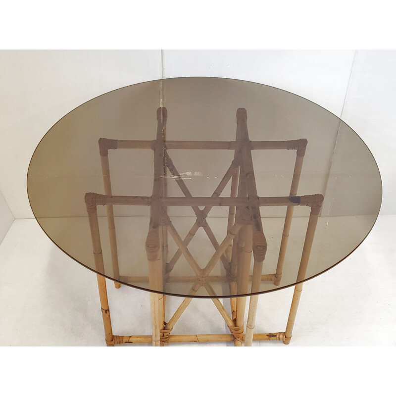 Table vintage en rotin, bambou et verre, 1950