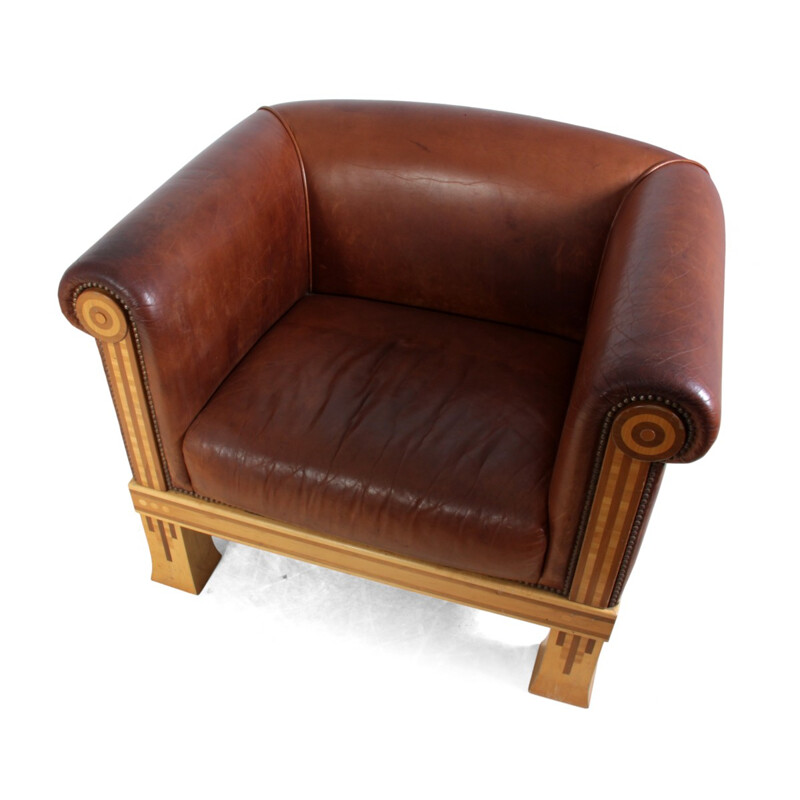 Vintage club chair in leather and sycamore, David LINLEY - 1980s