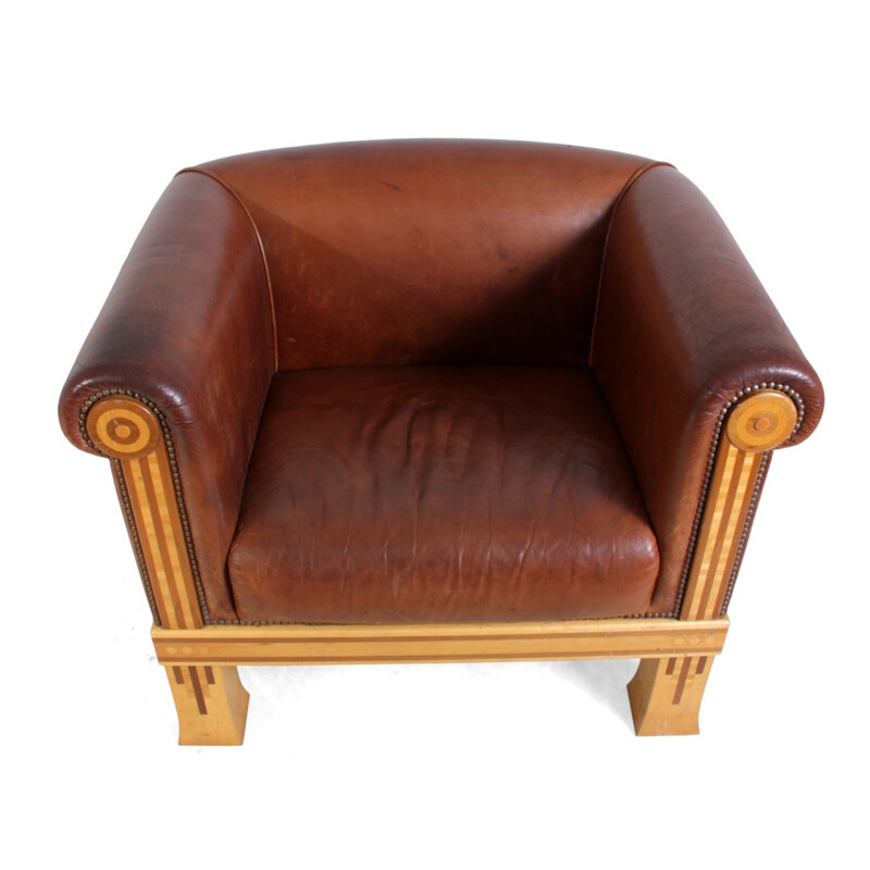 Vintage club chair in leather and sycamore, David LINLEY - 1980s