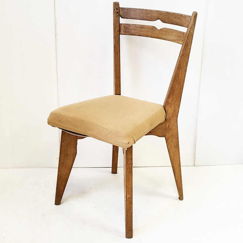 Silla vintage de madera y tela de Guillerme et Chambron