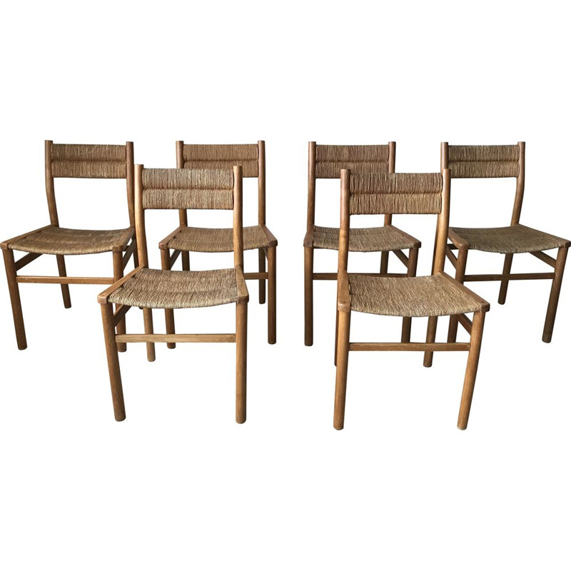 Set of 6 vintage Weekend chairs in ashwood and straw by Pierre Gautier Delaye, 1950s