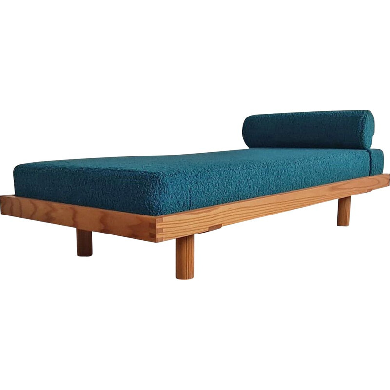 Vintage L01e elmwood and bouclé daybed by Pierre Chapo for Chapo S.A.