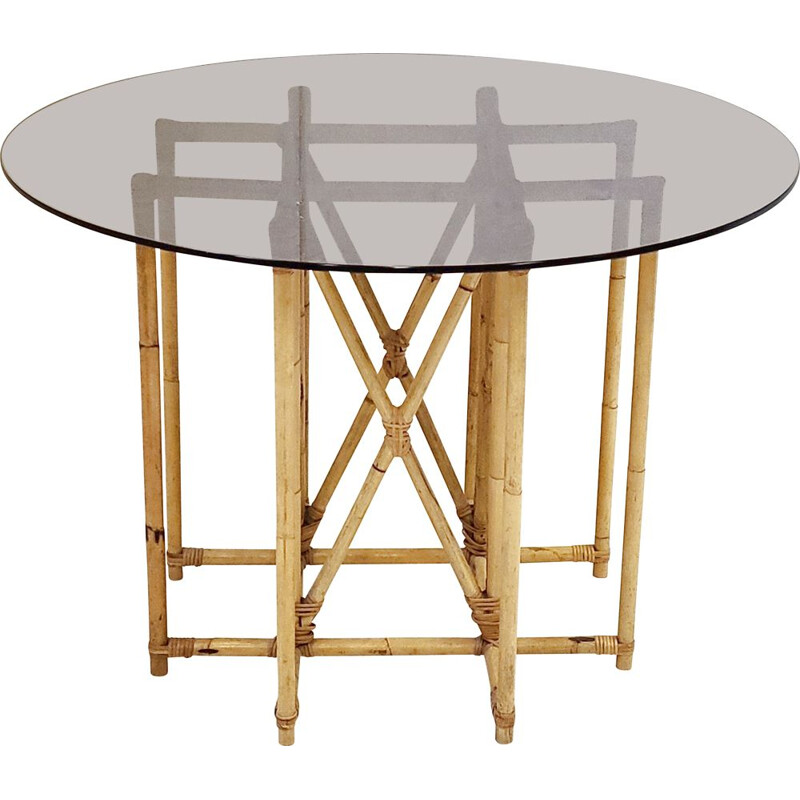Table vintage en rotin, bambou et verre, 1950