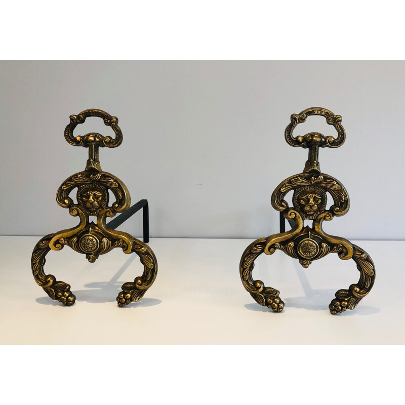 Pair of vintage bronze and wrought iron andirons with lions heads, 1940