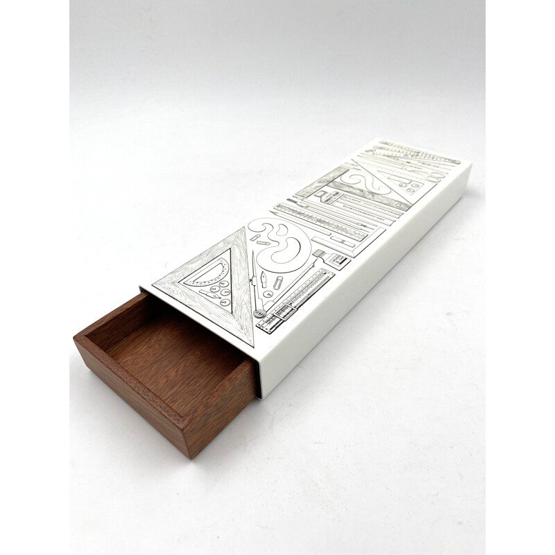 Vintage cigar box "Riga e Squadra" in mahogany and lacquered aluminum by Piero Fornasetti, Italy