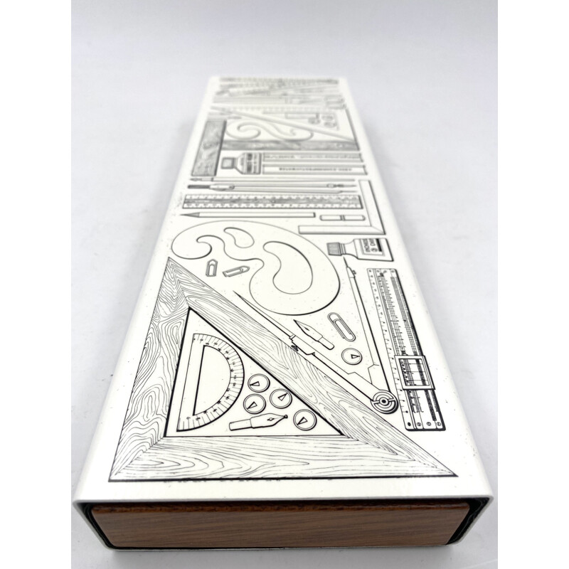 Caja de puros vintage "Riga e Squadra" de caoba y aluminio lacado por Piero Fornasetti, Italia