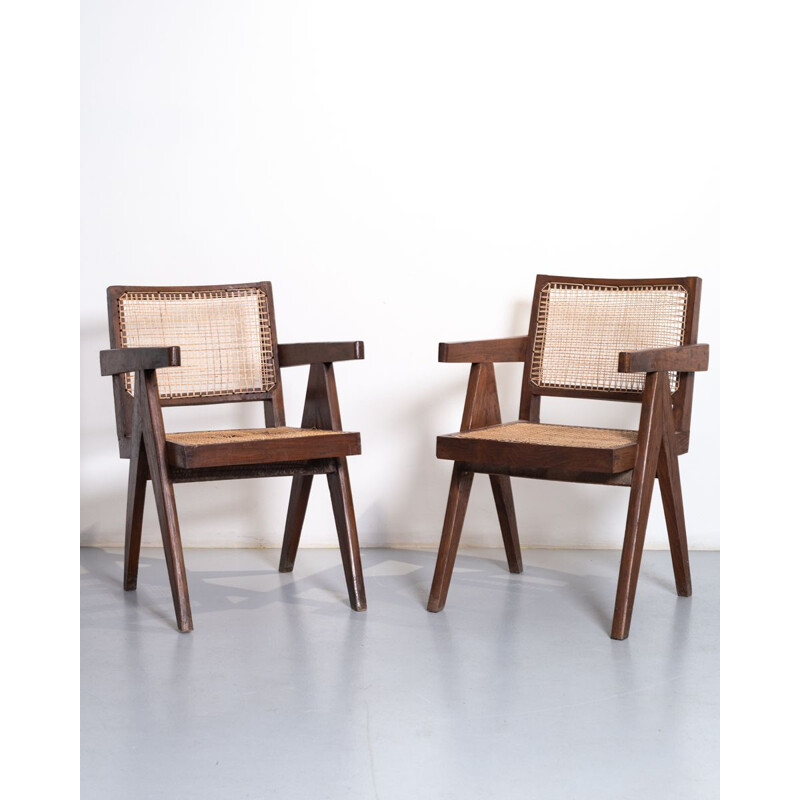 Vintage teak en rieten "Kantoorstoel" van Pierre Jeanneret voor Chandigarh, 1955