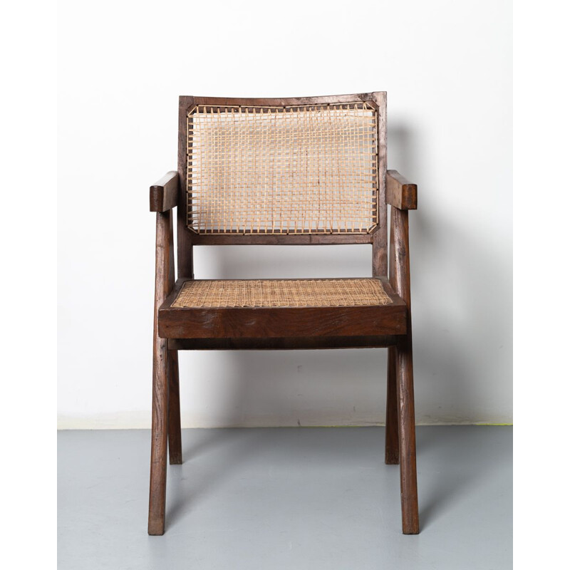 Fauteuil vintage "Office Chair" en teck et cannage par Pierre Jeanneret pour Chandigarh, 1955