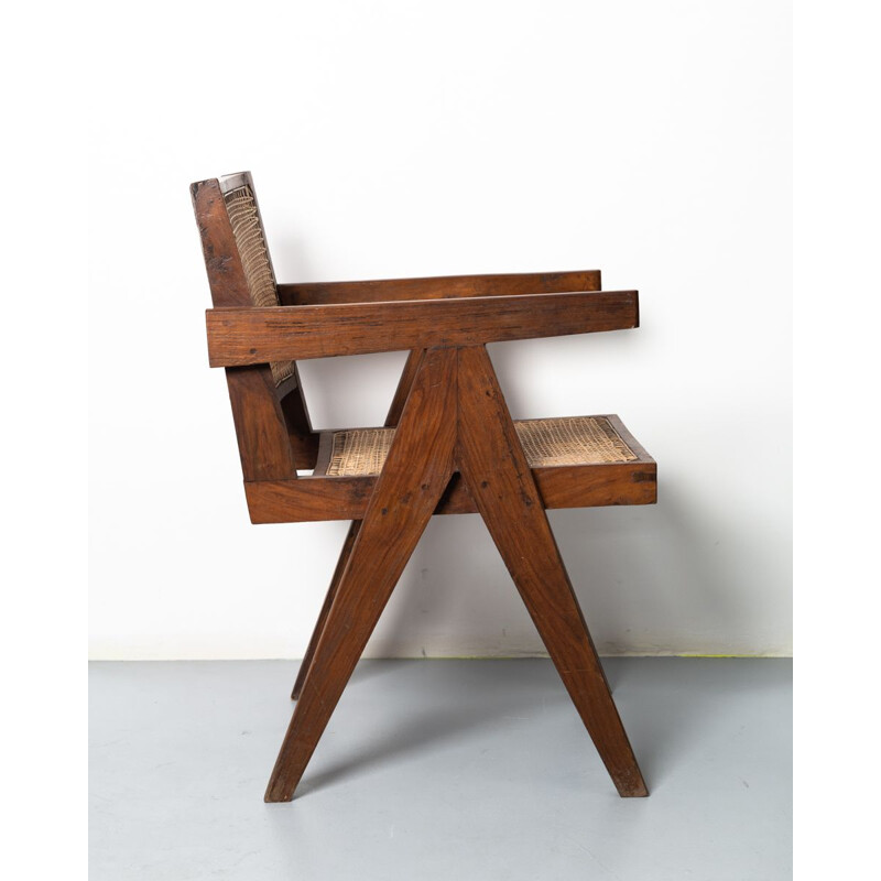 Sedia da ufficio vintage in teak e canna di Pierre Jeanneret per Chandigarh, 1955