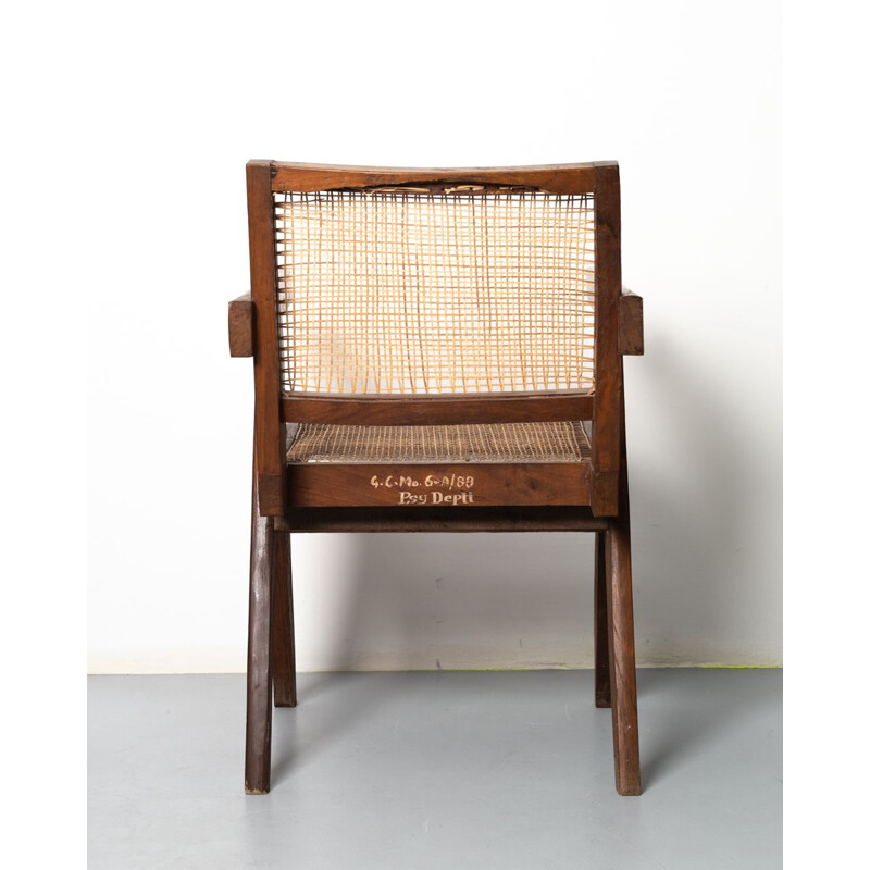 Vintage teak and cane "Office Chair" armchair by Pierre Jeanneret for Chandigarh, 1955