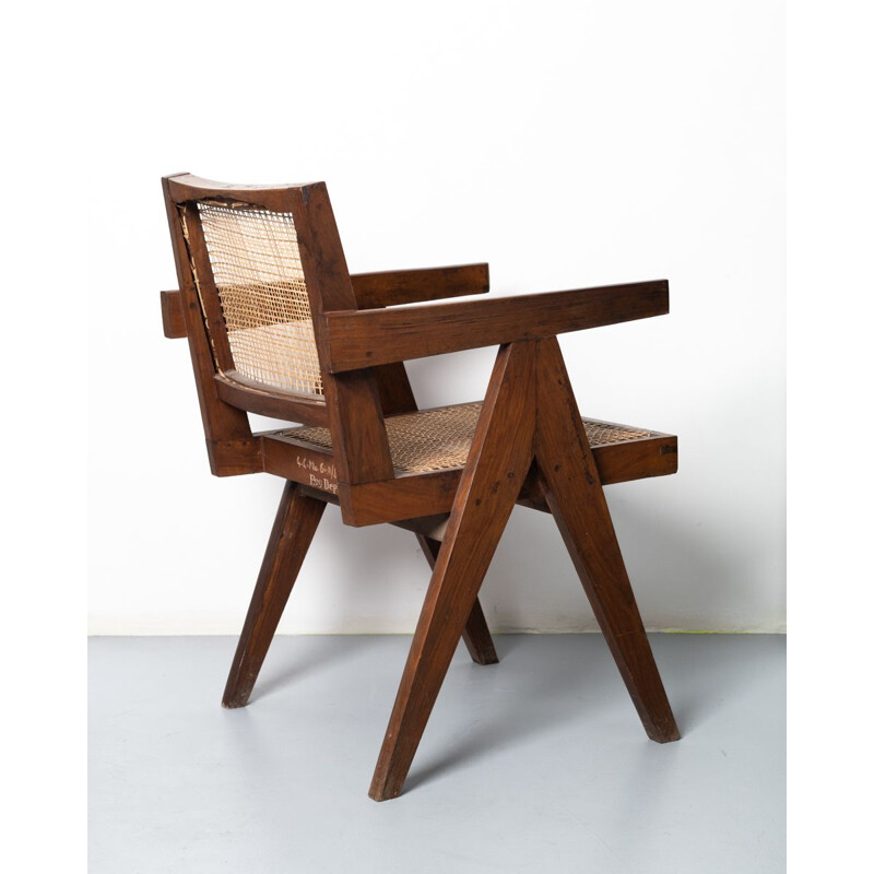 Fauteuil vintage "Office Chair" en teck et cannage par Pierre Jeanneret pour Chandigarh, 1955