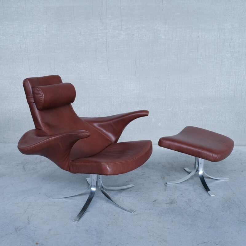 Danish leather mid-century armchair with ottoman by Gösta Berg for Fritz Hansen, 1960s