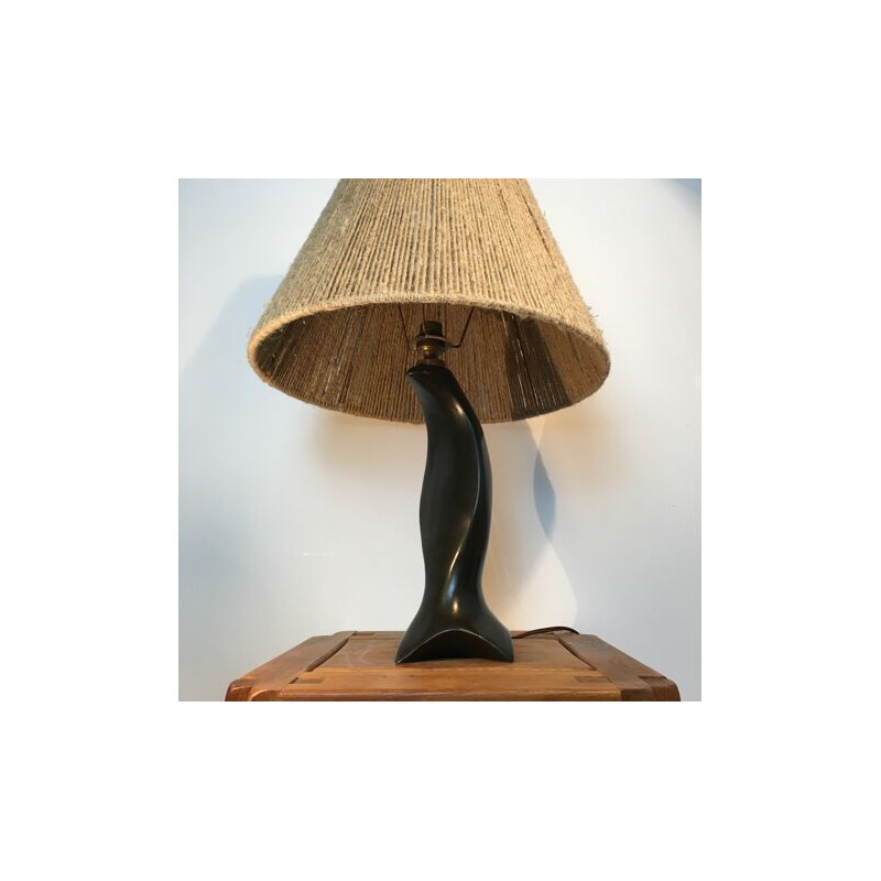 Lampe vintage en céramique zoomorphe et corde de jute, 1950