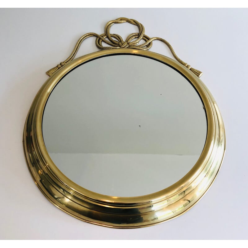 Vintage decorative oval brass mirror with twisted bow, France 1970