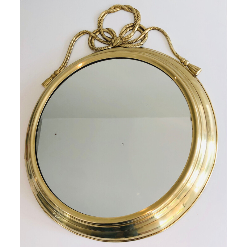 Vintage decorative oval brass mirror with twisted bow, France 1970