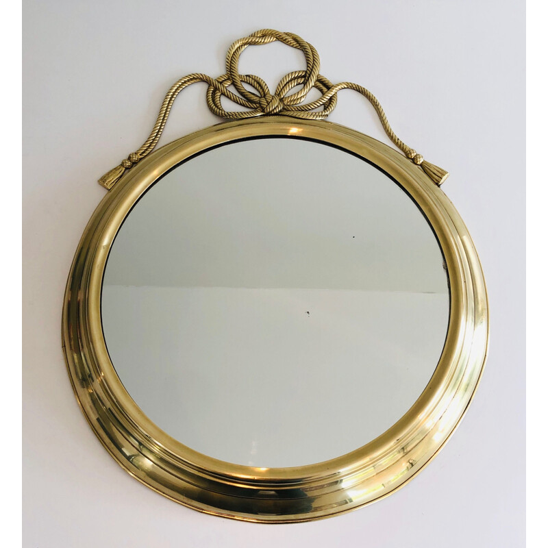 Vintage decorative oval brass mirror with twisted bow, France 1970