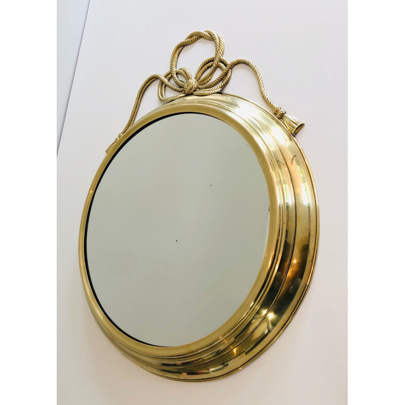 Vintage decorative oval brass mirror with twisted bow, France 1970