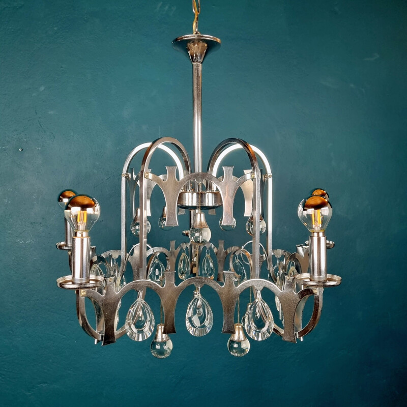 Mid-century glass crystals chandelier by Gaetano Sciolari, Italy 1970s