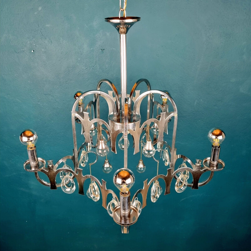 Mid-century glass crystals chandelier by Gaetano Sciolari, Italy 1970s