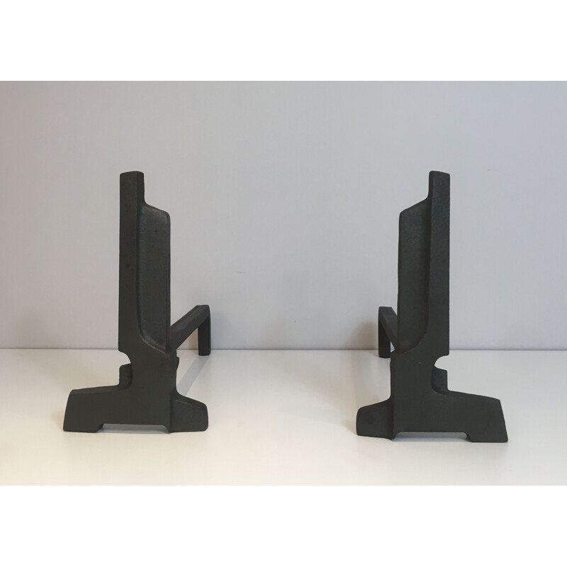 Pair of modernist vintage andirons in cast iron and wrought iron, France 1950