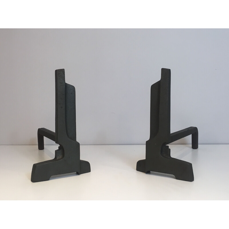Pair of modernist vintage andirons in cast iron and wrought iron, France 1950