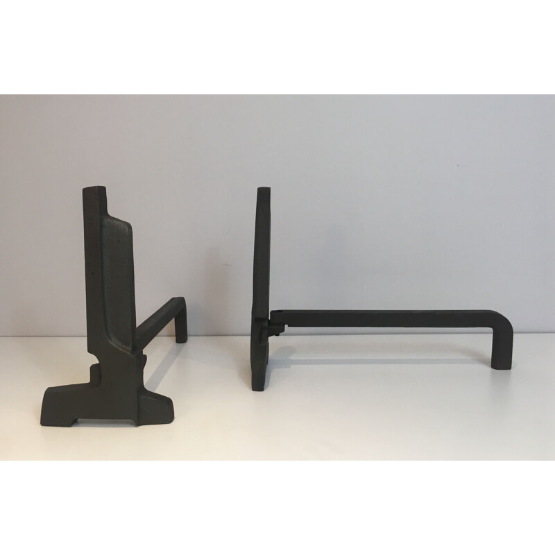 Pair of modernist vintage andirons in cast iron and wrought iron, France 1950