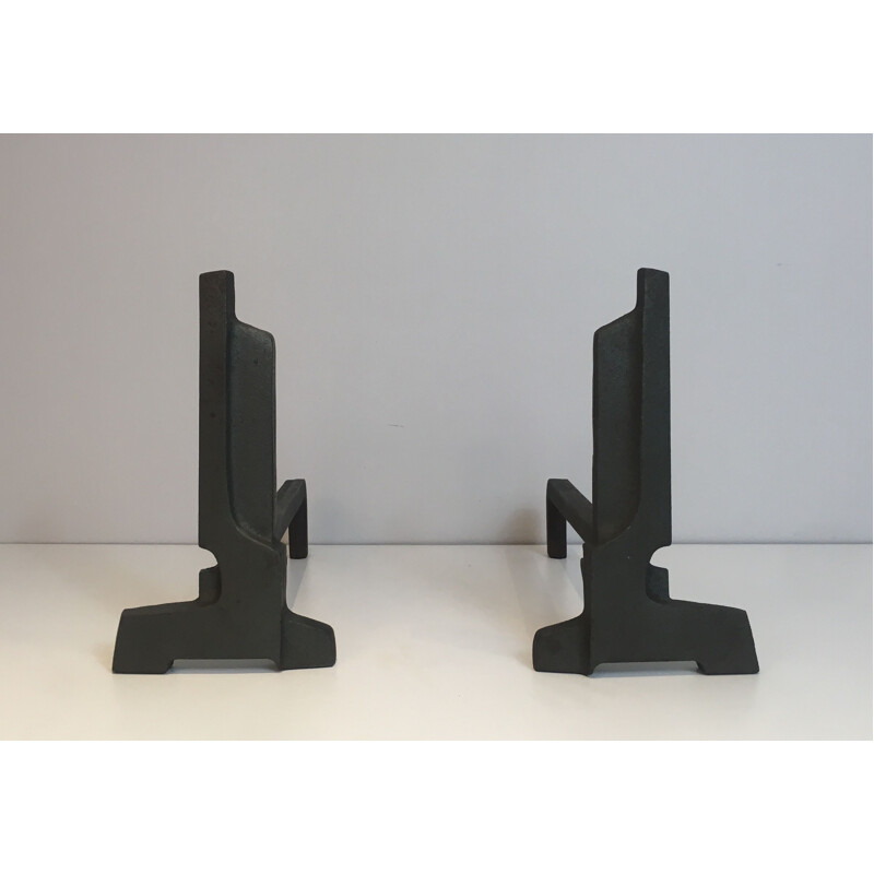 Pair of modernist vintage andirons in cast iron and wrought iron, France 1950