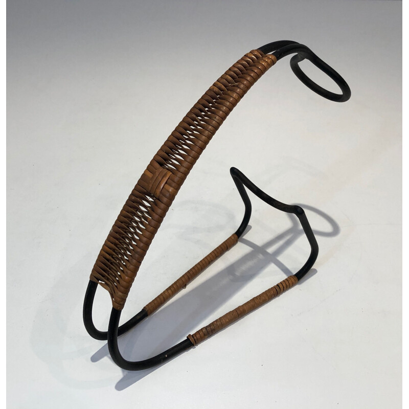 Scandinavian vintage bottle holder in black lacquered metal and rattan, 1950