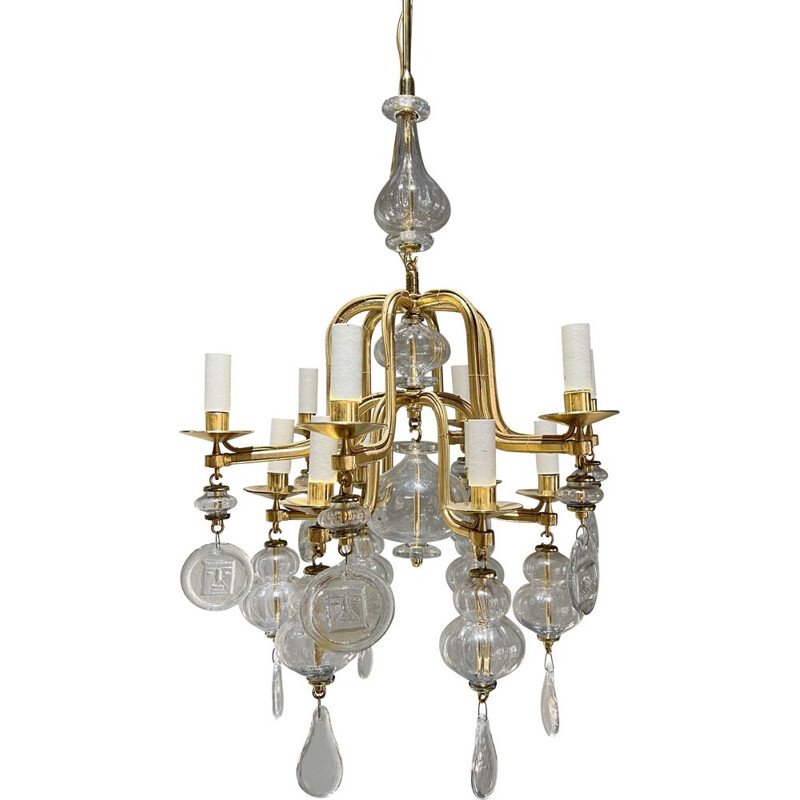 Vintage gold chandelier with 12 arms by Erik Hoglund, Sweden