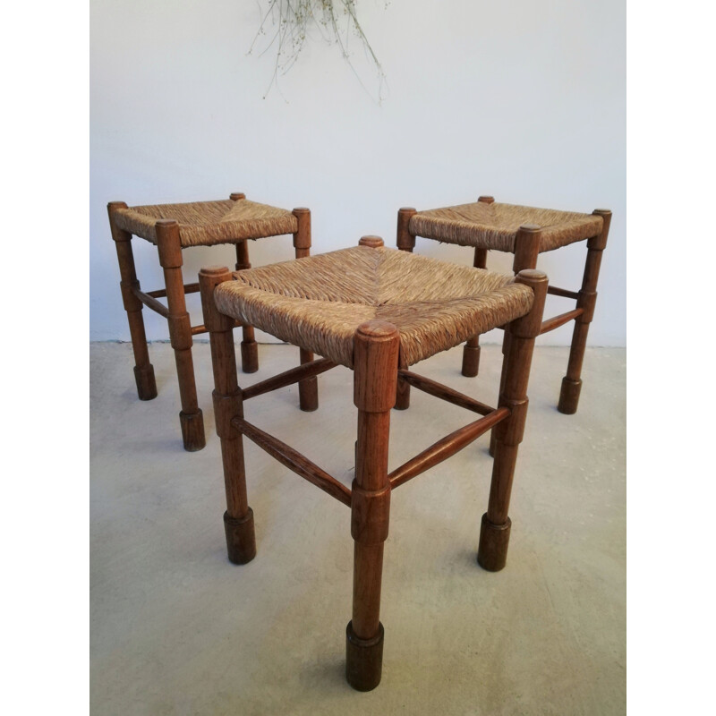 Vintage Rustic stool in wood and straw by Abruzzo, Italy