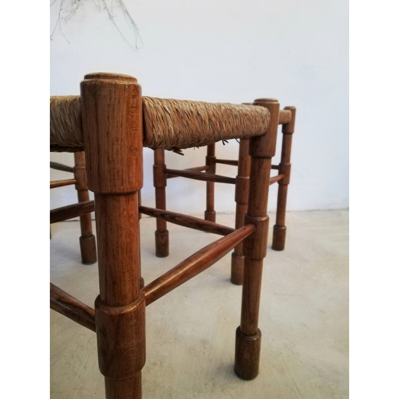 Vintage Rustic stool in wood and straw by Abruzzo, Italy