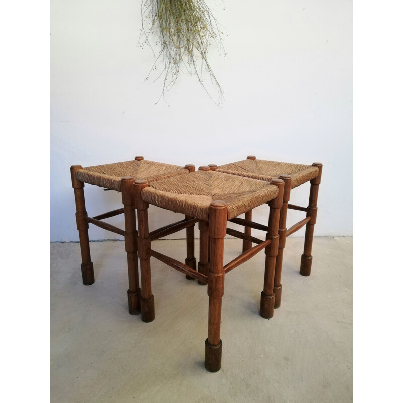 Vintage Rustic stool in wood and straw by Abruzzo, Italy